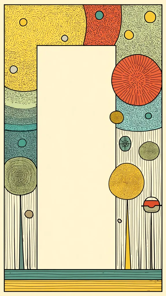 A stylized illustration features a large, off-white rectangular space framed by a border of textured circles and lines in warm colors.  The design evokes a mid-century modern aesthetic, using a palette of yellows, oranges, reds, and greens.  Smaller circles and dots are interspersed throughout the frame, adding visual interest.  The overall effect is a geometric landscape with a retro feel.