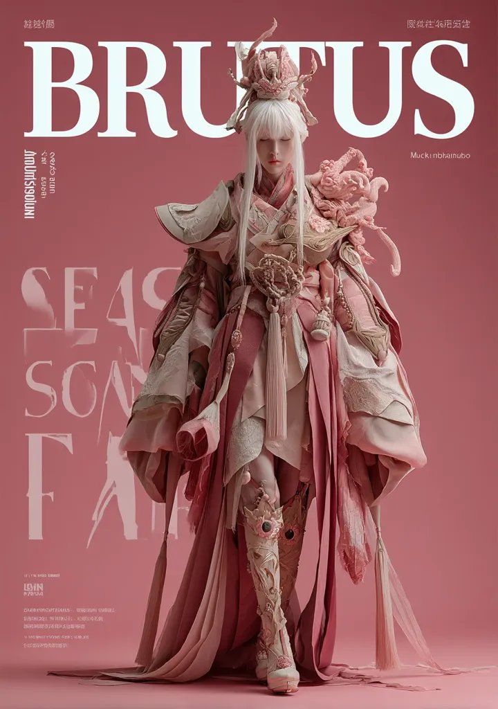 A fashion magazine cover features a model in elaborate, pale pink and cream attire. The outfit, with flowing fabrics and intricate detailing, appears inspired by East Asian aesthetics.  High boots and a headdress complete the look. The background is a matching blush pink, enhancing the ethereal quality of the image. The magazine's title, "BRUTUS," is prominently displayed.