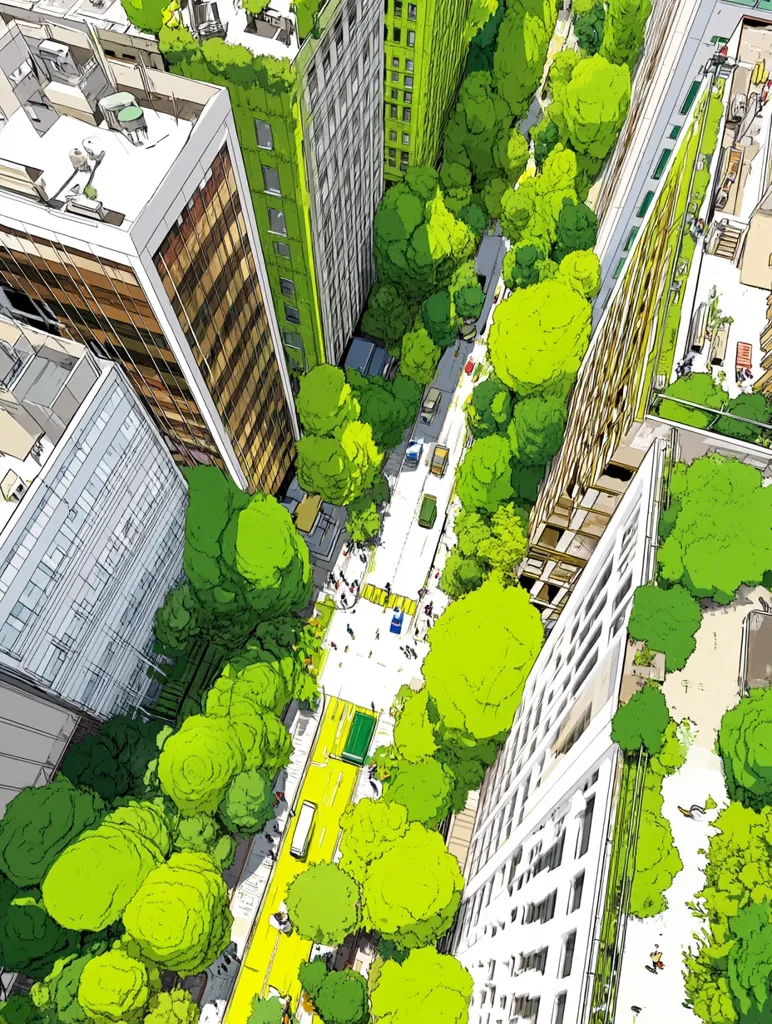 An aerial view showcases a city street immersed in lush greenery.  Tall buildings, some with green rooftops, line the street, which is filled with pedestrians and vehicles.  The vibrant green trees and foliage contrast sharply with the urban architecture, creating a harmonious blend of nature and city life.  The scene suggests a sustainable, eco-conscious urban design.