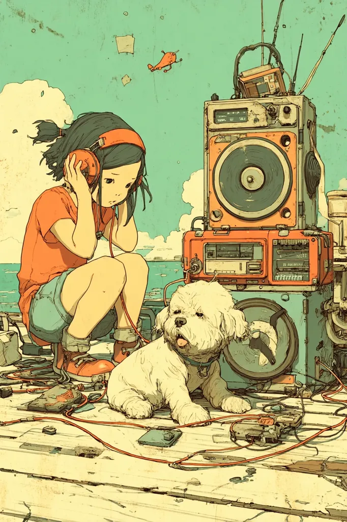 A young girl with headphones sits on a dock, listening to music from a vintage stereo system.  A fluffy white dog sits beside her.  The scene is rendered in a nostalgic, muted color palette, with a whimsical touch.  Wires connect the components of the stereo, creating a cluttered but charming aesthetic. A small helicopter flies in the pale sky above. The overall mood is peaceful and reminiscent of carefree summer days.