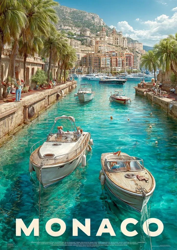 A picturesque canal in Monaco, lined with palm trees and elegant buildings, showcases crystal-clear turquoise water. Several luxury yachts and motorboats are peacefully anchored. People stroll along the canal's edge, enjoying the sunny Mediterranean ambiance.  The backdrop features the iconic Monaco cityscape nestled against a mountainous coastline, creating a postcard-perfect scene. The word "MONACO" is prominently displayed at the bottom.