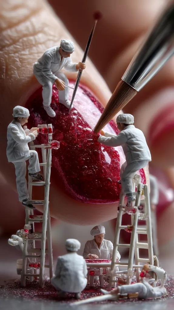 Miniature figures meticulously paint a large, glistening, crimson fingernail.  They work on ladders and scaffolding, using tiny brushes and tools.  The scene is highly detailed, creating a surreal and artistic representation of a manicure.  The contrast between the scale of the figures and the nail emphasizes the artistry and precision involved.