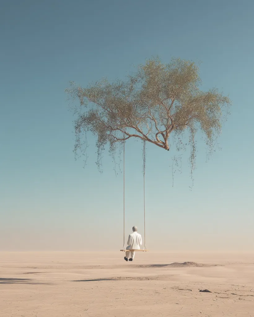 A solitary figure in white sits on a swing suspended from a tree in a desolate, sandy landscape. The sky is a pale blue, and the tree's branches extend widely. The scene evokes a sense of isolation and contemplation, a surreal juxtaposition of nature and human presence in an empty expanse.  The overall mood is serene yet melancholic.