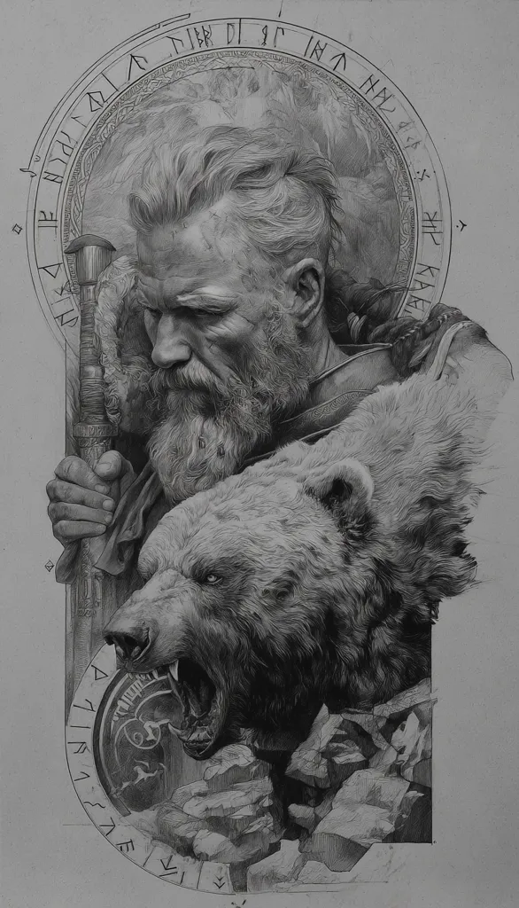 A striking grayscale drawing depicts a Viking warrior, his weathered face etched with contemplation, clutching a spear.  Beside him, a powerful bear roars, its intense gaze mirroring the warrior's.  The composition is framed by a circular border inscribed with runes, adding a mystical, ancient feel.  The detailed shading and textures create a powerful and evocative image.