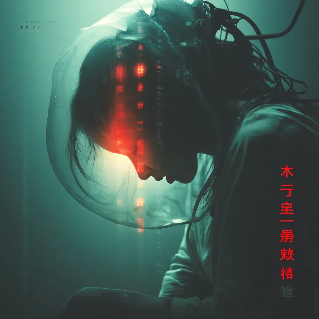 The poster showcases a cyberpunk-esque figure, a woman seemingly encased in a transparent helmet connected to wires.  Red digital code illuminates her face, creating a futuristic and melancholic atmosphere.  The teal-green background enhances the otherworldly feeling.  Chinese characters are visible, possibly the film title.  The overall aesthetic suggests a science fiction or dystopian narrative.