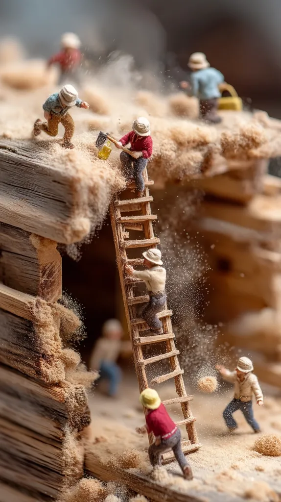 Miniature figures of construction workers are meticulously demolishing a wooden structure.  Dust and debris fly as they use small tools and a ladder to dismantle the aged wood.  The scene is detailed, with a focus on the tiny figures' actions amidst a cloud of sawdust, creating a whimsical, almost surreal image. The overall effect is one of diligent, small-scale demolition.