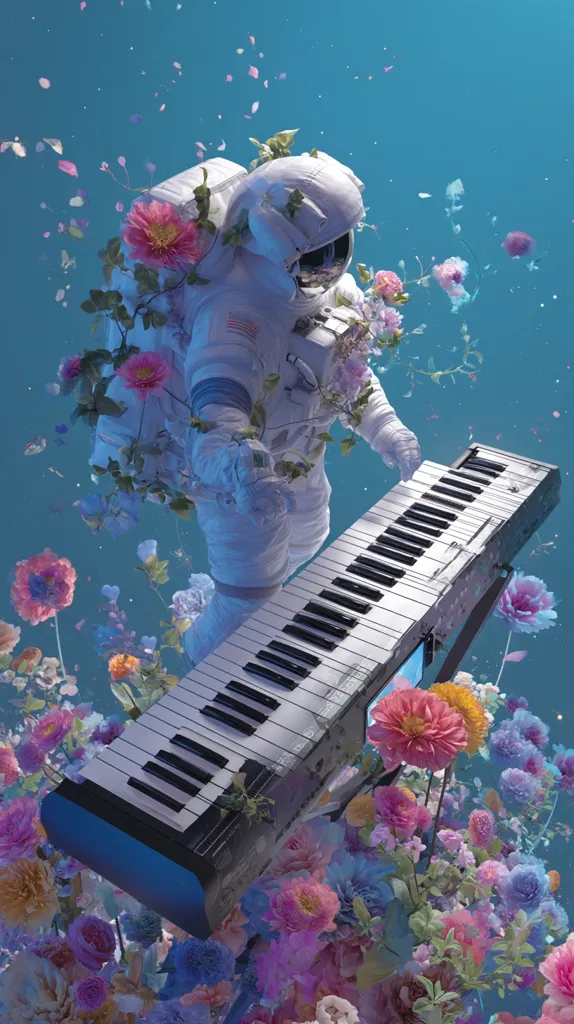 A surreal image depicts an astronaut, seemingly floating amidst a vibrant array of flowers and petals against a teal backdrop.  The astronaut, adorned with blossoms, plays a large keyboard that is also surrounded by the floral profusion.  The scene is dreamy and ethereal, blending elements of space exploration and natural beauty in a fantastical composition.