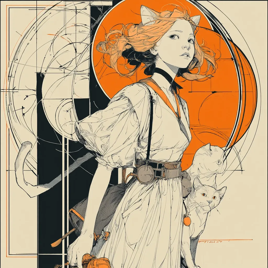 A stylized illustration features a young woman with cat ears, dressed in a flowing, light-colored dress and a belt with circular embellishments.  She carries a satchel and stands alongside two cats, one partially obscured. The background incorporates geometric shapes and a large orange circle, creating a visually striking Art Nouveau-esque composition. The style is detailed, with delicate linework and shading enhancing the image's overall aesthetic.