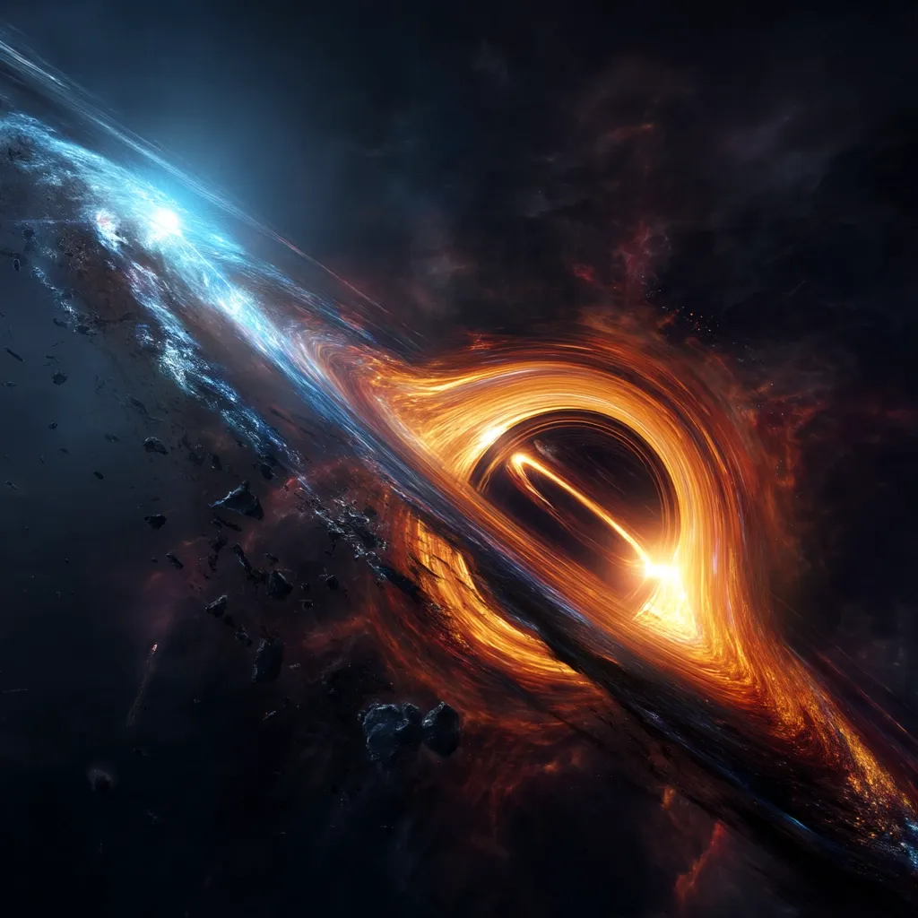A breathtaking depiction of a black hole's accretion disk.  Intense orange and yellow hues swirl around a central singularity, contrasting sharply with a cool, blue nebula in the upper left.  Debris and asteroids are scattered throughout the dark expanse of space, adding to the dramatic scene of cosmic gravity at work.  The image evokes a sense of immense power and the awe-inspiring scale of the universe.