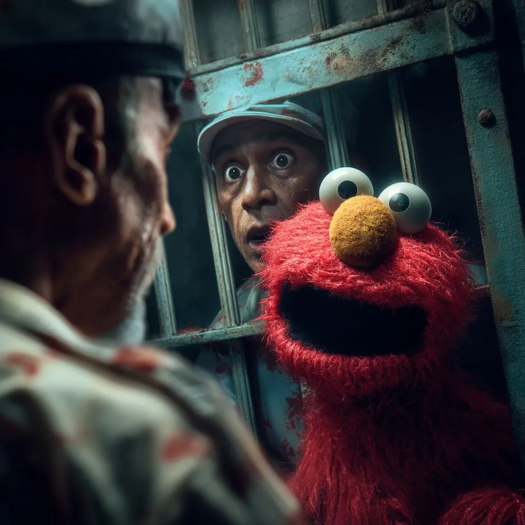 A dark and gritty image depicts a prison scene.  A man in a guard uniform stands before a jail cell.  Inside, a frightened man in a pale patient gown is seen alongside Elmo, the Sesame Street character. Elmo appears unusually large and slightly menacing in this context. The overall mood is unsettling and unexpected, blending familiar imagery with a disturbing atmosphere.