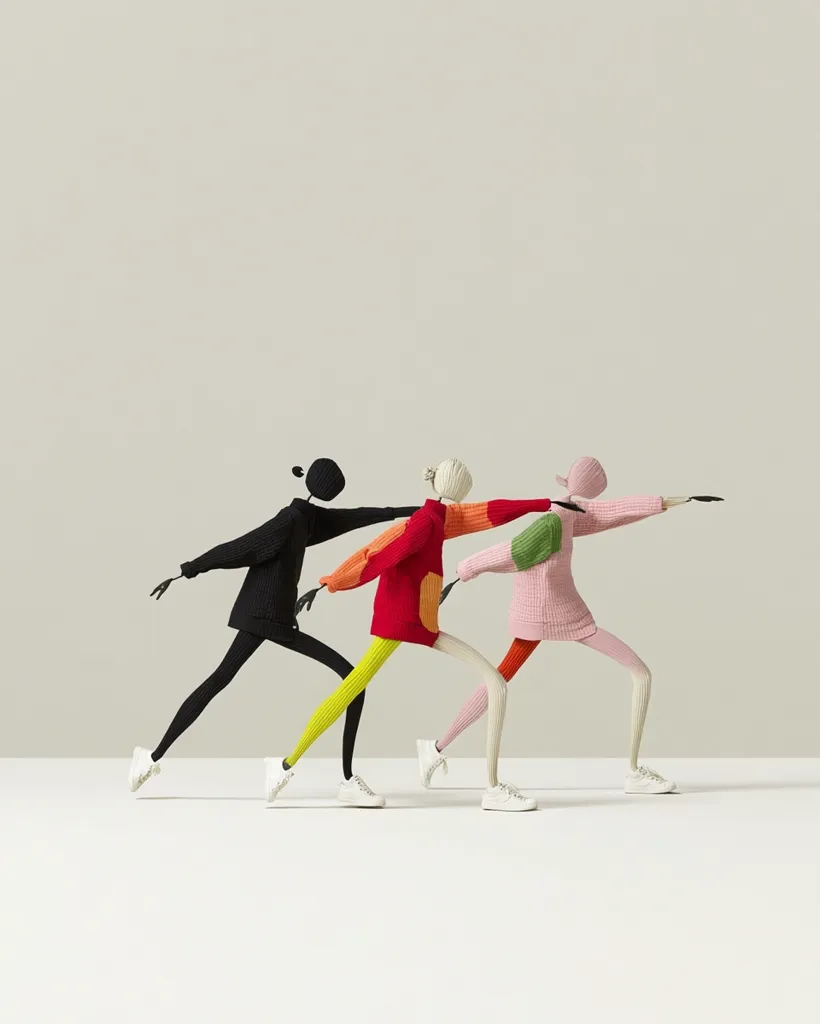 Three stylized figures, seemingly crafted from yarn, are dynamically posed in a line.  Each figure wears a brightly colored knitted sweater and leggings,  their movement suggesting a synchronized action.  The color palette is bold, with black, red, orange, yellow, green, and pink featured.  The figures wear white sneakers, adding a contemporary touch against the minimalist background. The overall image is one of modern art and fashion.