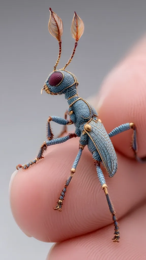 A meticulously crafted insect model, possibly jewelry, rests on a fingertip.  Its body is a delicate blue, adorned with gold accents and detailed textures.  Intricate, leaf-like antennae extend from its head, which features a vibrant ruby-red eye.  The legs are long and slender, ending in tiny, gold-tipped feet. The overall effect is one of exquisite artistry and miniature detail.
