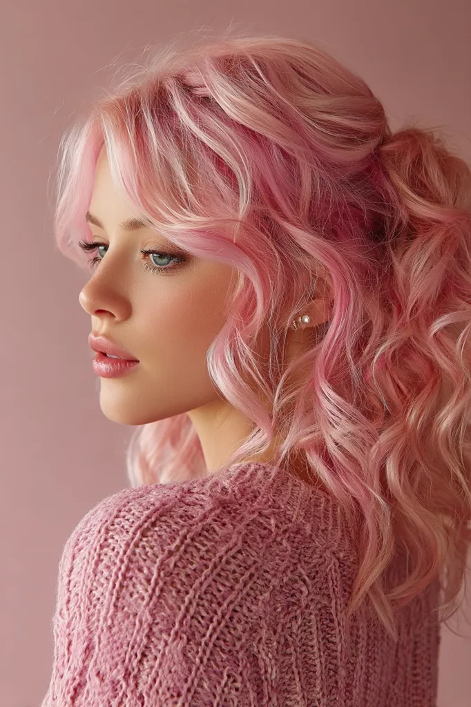 A young woman with vibrant pink, wavy hair styled in a half-updo is shown in profile.  Her makeup is subtle, enhancing her natural features. She's wearing a soft pink knit sweater, creating a monochromatic and feminine look. The overall style is soft, romantic, and trendy.  The image's backdrop is a muted rose pink, complementing the model's hair and attire.