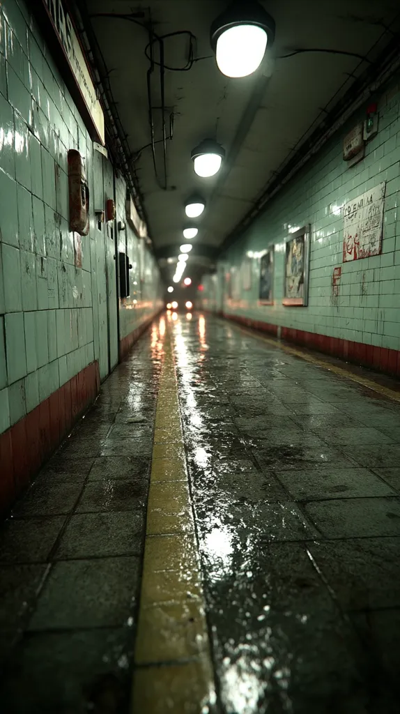 A wet, dimly lit subway tunnel stretches into the distance.  Green tiled walls line the passage, punctuated by flickering lights overhead and posters on the walls.  A yellow line divides the glistening, dark floor.  The overall atmosphere is damp, somewhat eerie, and suggestive of late night travel.