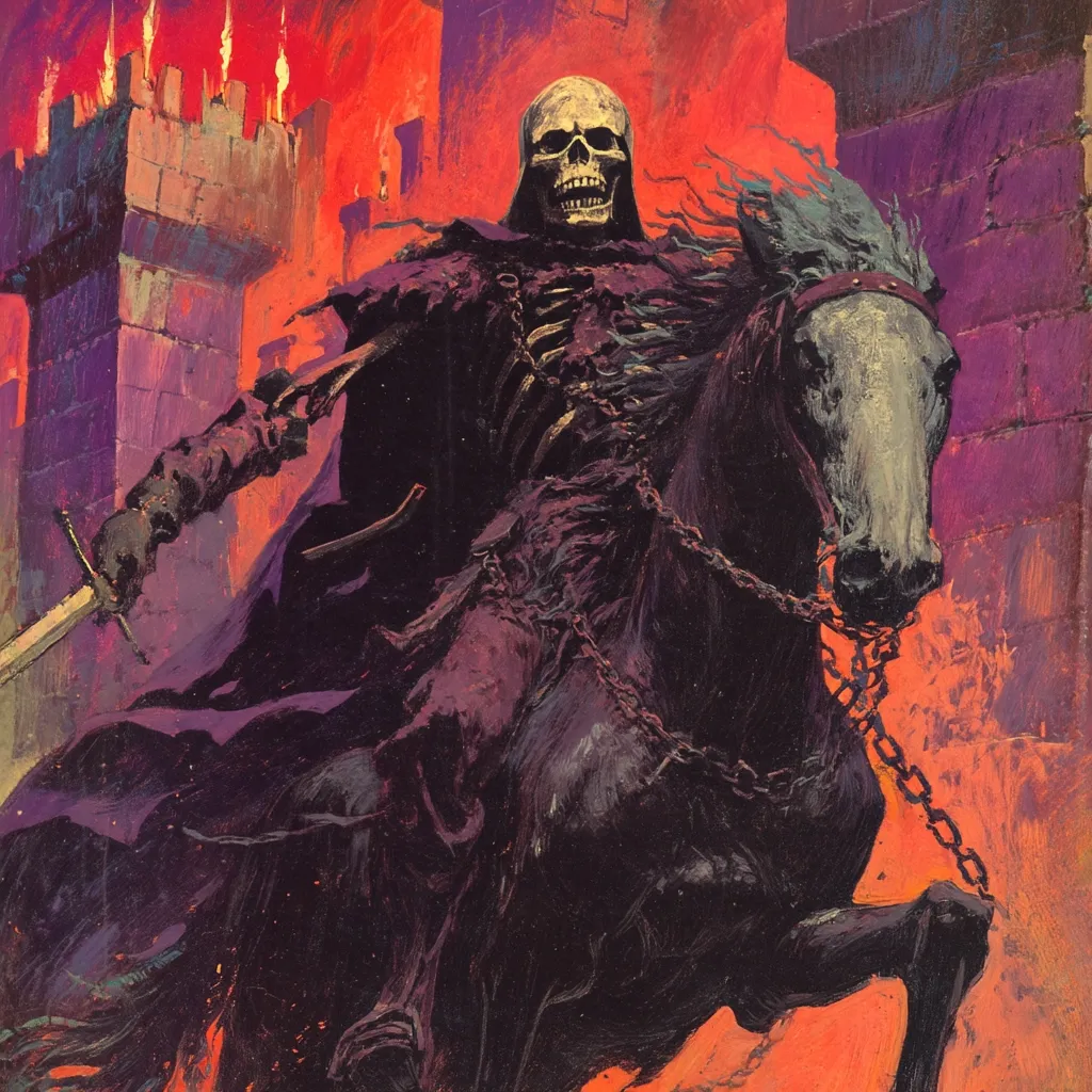 A skeletal figure, cloaked and riding a dark horse, charges towards a burning castle.  The rider's skull-like face is visible, and he wields a sword. The scene is rendered in a dramatic, painterly style, with fiery oranges and deep purples dominating the color palette. The overall mood is one of ominous power and impending doom.