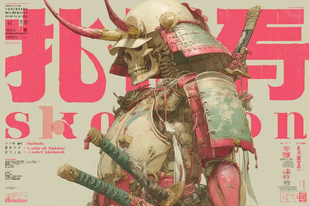 A skeletal samurai, adorned in weathered armor and a horned helmet, is depicted in this artwork. The design features a blend of traditional Japanese aesthetics and a post-apocalyptic or steampunk influence.  The image is a poster with large stylized Japanese characters,  and smaller text possibly indicating artist and title information. The overall color palette is muted, with pinks and greens contrasting against a beige background.