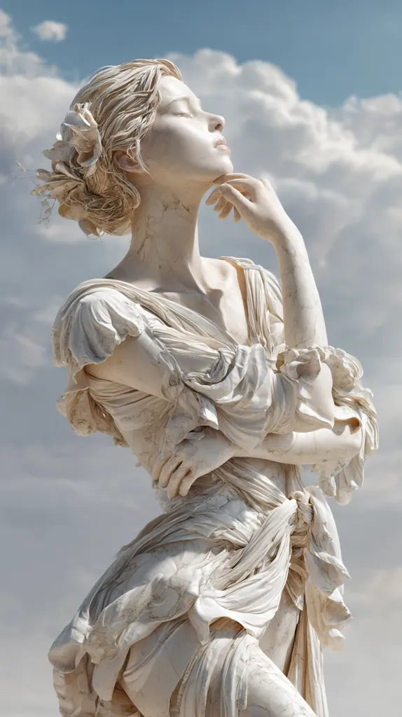 A serene, white marble statue of a woman is depicted against a cloudy sky.  The woman, with her eyes closed, is elegantly draped in flowing robes, her pose suggesting contemplation or peaceful reverie.  Intricate detail is visible in her hair, clothing, and the subtle textures of the marble. The overall impression is one of classical beauty and ethereal grace.