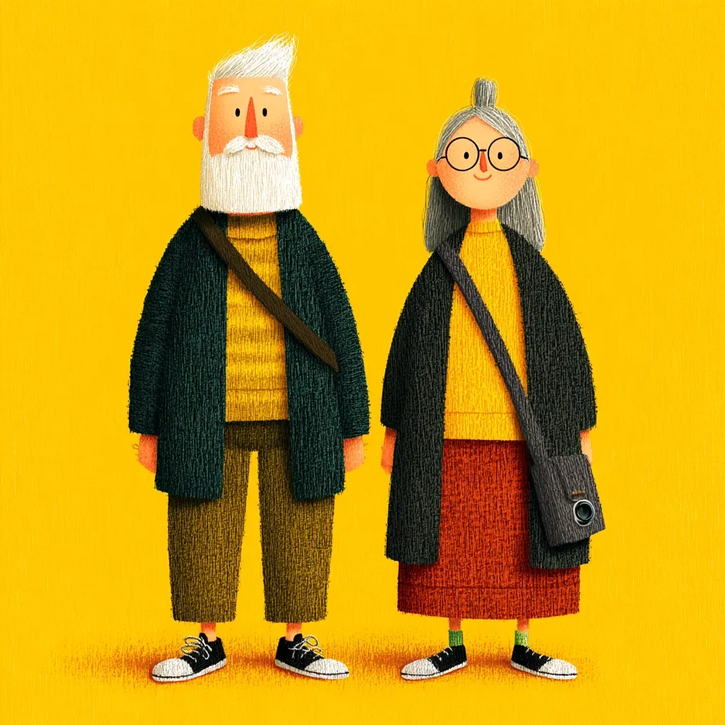 A charming illustration depicts an elderly couple standing against a vibrant yellow background. The man, with a long white beard and dark coat, sports mustard-yellow trousers and a sweater. His wife, wearing glasses, is dressed in a dark coat over a yellow sweater and a rust-colored skirt. Both carry shoulder bags, adding to their stylish and subtly textured appearance. The artwork exudes warmth and a sense of companionship.