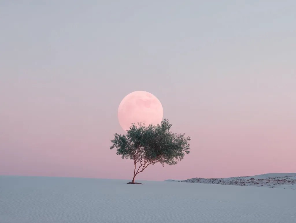 A lone, small tree stands in a vast, white desert under a large, pale pink moon.  The sky is a soft, pastel blend of pink and grey.  The scene evokes a sense of serenity and isolation, a minimalist landscape bathed in the ethereal glow of the moon.  The overall mood is peaceful and contemplative.