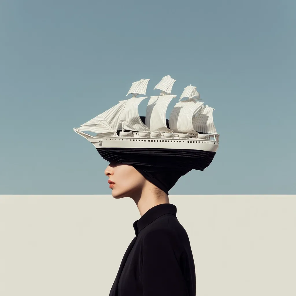 A woman in profile wears a striking hat shaped like a sailing ship.  The vessel, predominantly white with black detailing, is perched atop a black head covering, creating a surreal and elegant image against a minimalist backdrop of pale cream and sky blue.  The composition is suggestive of journey, aspiration, or artistic expression.