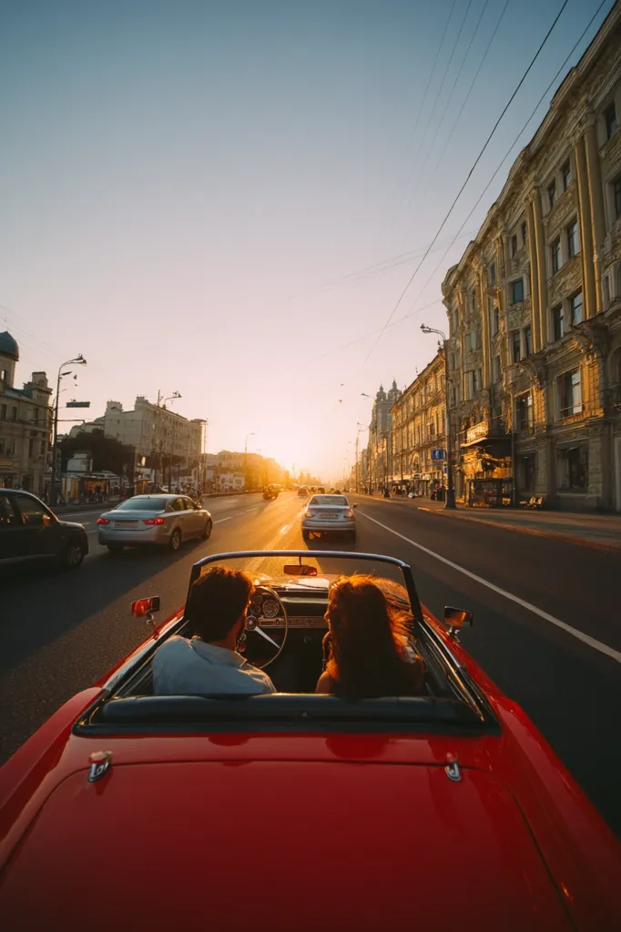A red convertible car drives down a city street at sunset.  Two people sit inside, enjoying the warm light.  Elegant, older buildings line the street, creating a picturesque scene.  Other vehicles are visible in the distance, adding to the urban landscape. The overall mood is romantic and nostalgic.