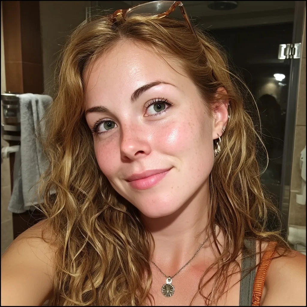 A young woman with long, wavy blonde hair smiles at the camera.  She's wearing a simple necklace and has glasses perched atop her head. Her skin is naturally radiant, and she has several small earrings in her ears. The background is a blurry bathroom setting.  The overall impression is one of casual, natural beauty.