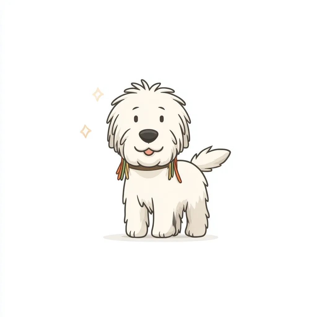 A cute cartoon illustration of a fluffy white dog.  The dog is standing, facing forward, with a happy expression. It wears a brown collar adorned with colorful tassels.  The style is simple and charming, with soft lines and a lighthearted feel.  Two small sparkles float near its head, adding to its whimsical nature.