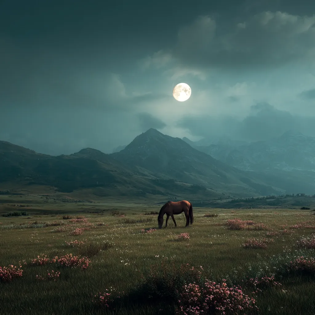 A lone brown horse grazes peacefully in a vast, flower-dotted meadow under a large, bright moon.  Misty mountains rise in the distance, creating a serene and tranquil landscape bathed in the soft glow of the night. The scene evokes a sense of quiet solitude and the beauty of nature's stillness.