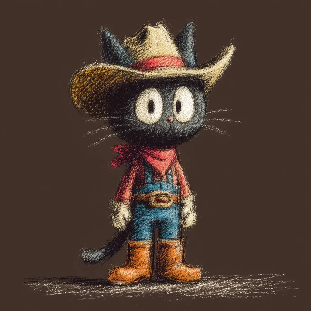 A charming illustration depicts a black cat dressed in cowboy attire.  The cat wears a straw cowboy hat, red bandana, denim overalls, and orange boots. Its large, expressive eyes and textured fur give it a whimsical, cartoonish appearance. The style is reminiscent of crayon or pastel drawings, creating a soft, textured feel. The cat stands on a lightly sketched ground against a dark brown background.