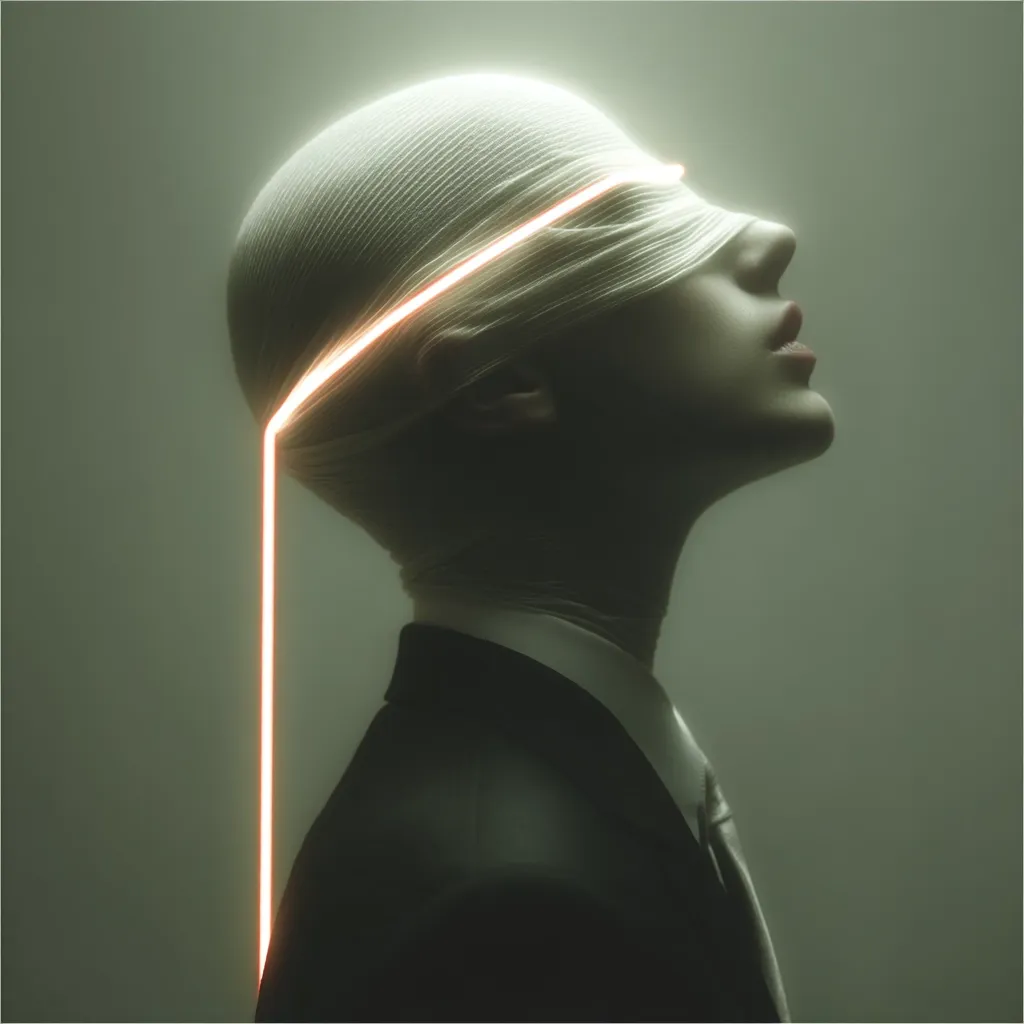 A stylized portrait of a person with their head wrapped in a white cloth, eyes covered. A glowing orange line extends from the cloth, across the face, and down the body.  The figure is dressed in a dark suit, creating a dramatic and mysterious atmosphere. The muted background enhances the subject's ethereal presence. The image suggests themes of concealment, mystery, and perhaps technology.
