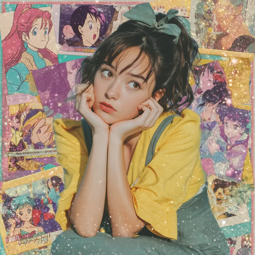 A young woman with dark hair styled in a half-updo rests her chin on her hands, gazing pensively. She wears a yellow short-sleeved shirt and teal overalls.  The background is a collage of sparkly anime-style images, creating a dreamy, nostalgic aesthetic. The overall style is reminiscent of 90s fashion and Japanese animation.