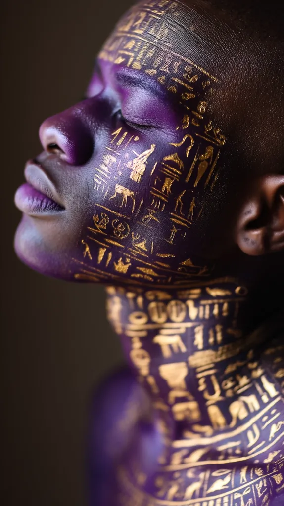 A close-up shot of a person's face and neck, adorned with intricate gold hieroglyphs painted onto a deep purple base. The model's eyes are closed, and their expression is serene. The lighting is dramatic, emphasizing the texture and detail of the painted hieroglyphs.  The image evokes a sense of ancient Egypt and regal mystery.
