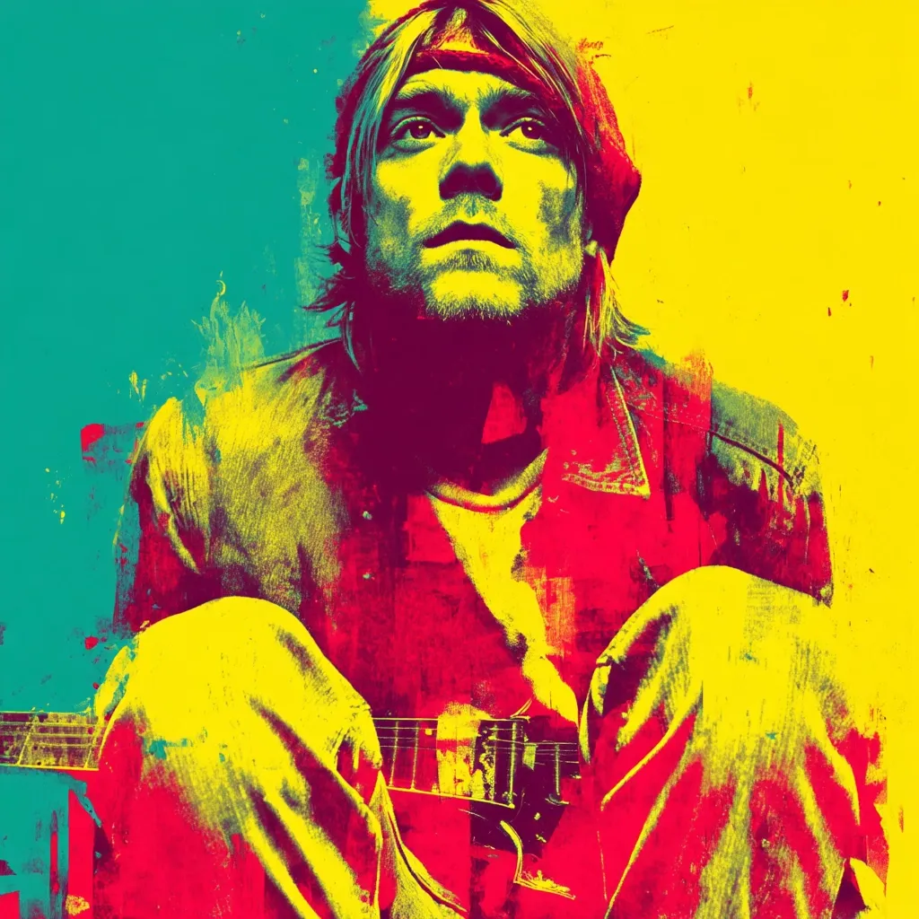 A vibrant, stylized portrait of Kurt Cobain, the iconic frontman of Nirvana.  The image is rendered in bold, contrasting colors of red, yellow, and teal, creating a pop art effect. Cobain is depicted seated, partially obscured by a guitar, his gaze directed upwards.  The textured background enhances the piece's artistic intensity and grungy aesthetic.