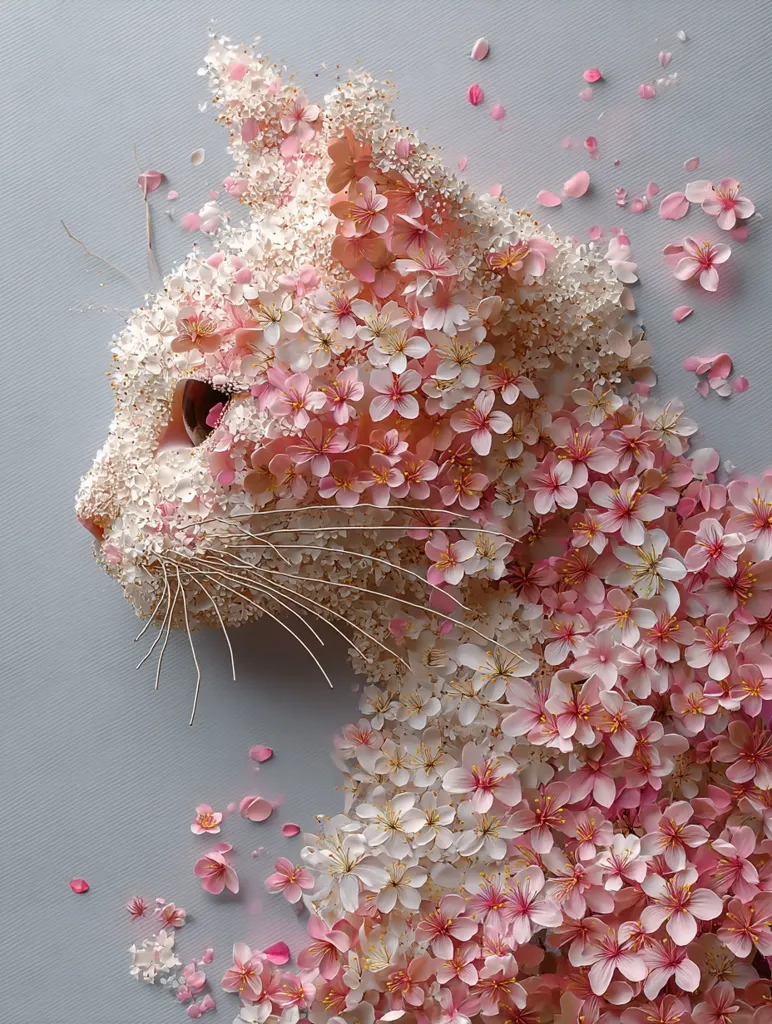 A stunning floral artwork depicts a cat's profile crafted entirely from delicate pink and white blossoms.  The flowers, possibly cherry blossoms, create a textured, three-dimensional effect, giving the cat a soft, ethereal quality.  Loose petals scatter around the cat, enhancing the sense of delicate beauty and springtime. The background is a muted grey, allowing the floral cat to take center stage.