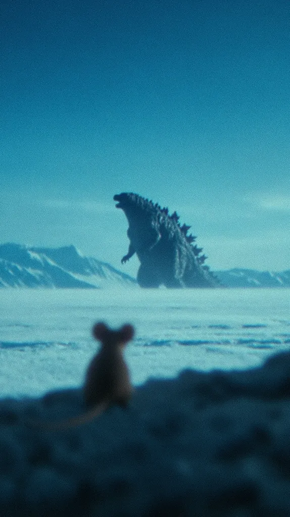 A colossal Godzilla stands in a vast, snowy landscape under a clear, blue sky.  Mountains are visible in the distance.  In the foreground, a small mouse-like creature is positioned, emphasizing the immense scale of the monster. The scene is stark and emphasizes the creature's size and dominance.  The color palette is cool and muted, enhancing the desolate atmosphere.