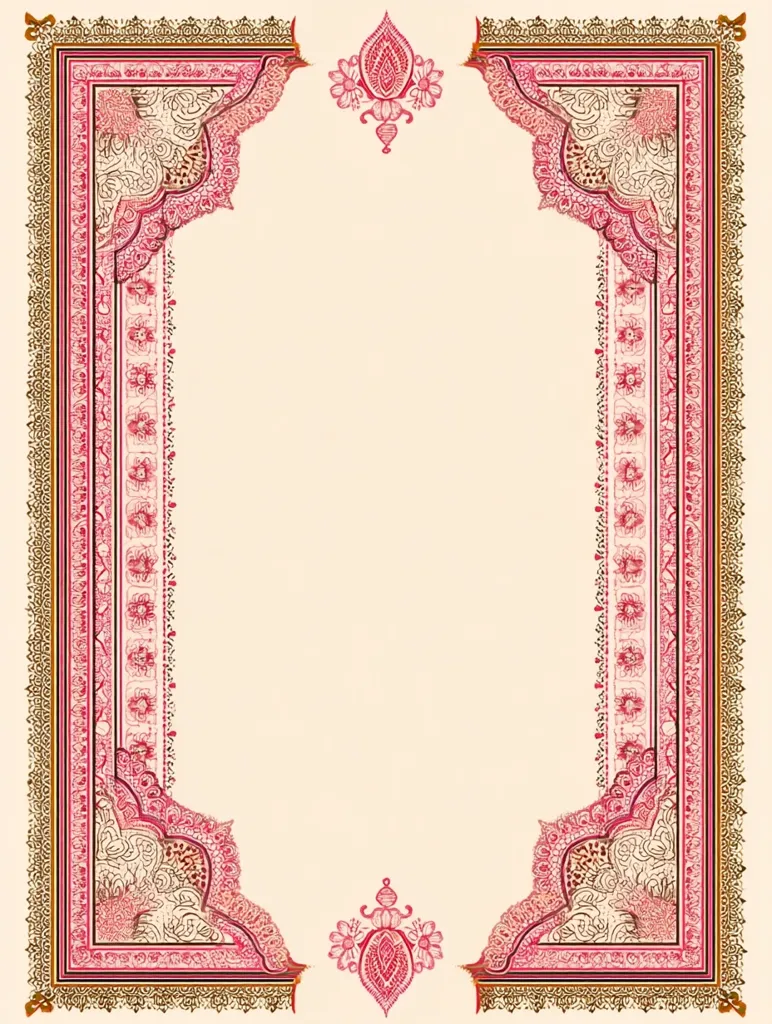 An ornate rectangular frame, predominantly cream-colored, features intricate pink and gold detailing.  The border boasts elaborate arabesque patterns and floral motifs in a style reminiscent of Mughal or Persian miniature painting.  Intricate corner designs and smaller floral accents at the top and bottom enhance the design's richness. The central space is left blank, ideal for text or images.