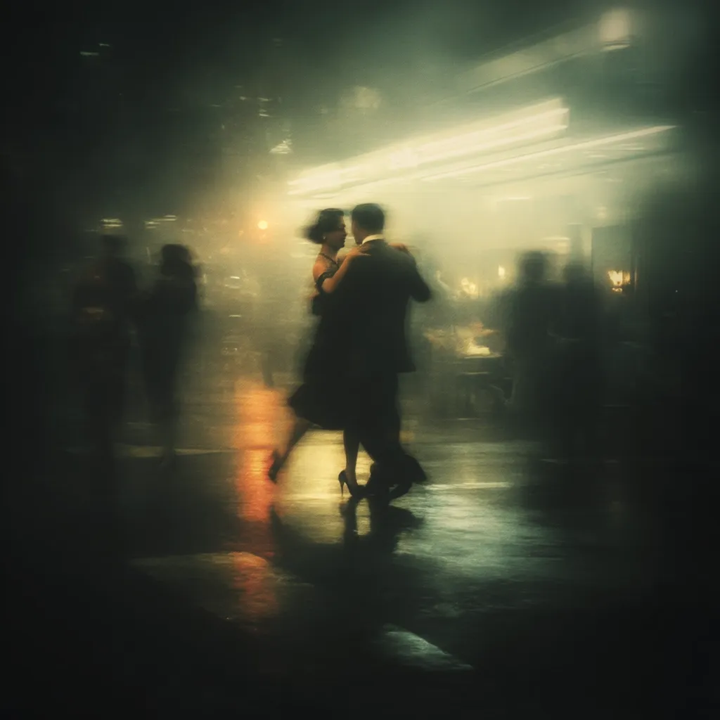 A blurry image captures a couple elegantly waltzing in a dimly lit ballroom.  The atmosphere is hazy, suggesting movement and a lively ambiance. Other indistinct figures dance in the background, further emphasizing the romantic focus on the central couple. The overall effect is dreamlike and nostalgic, evoking feelings of romance and a bygone era.