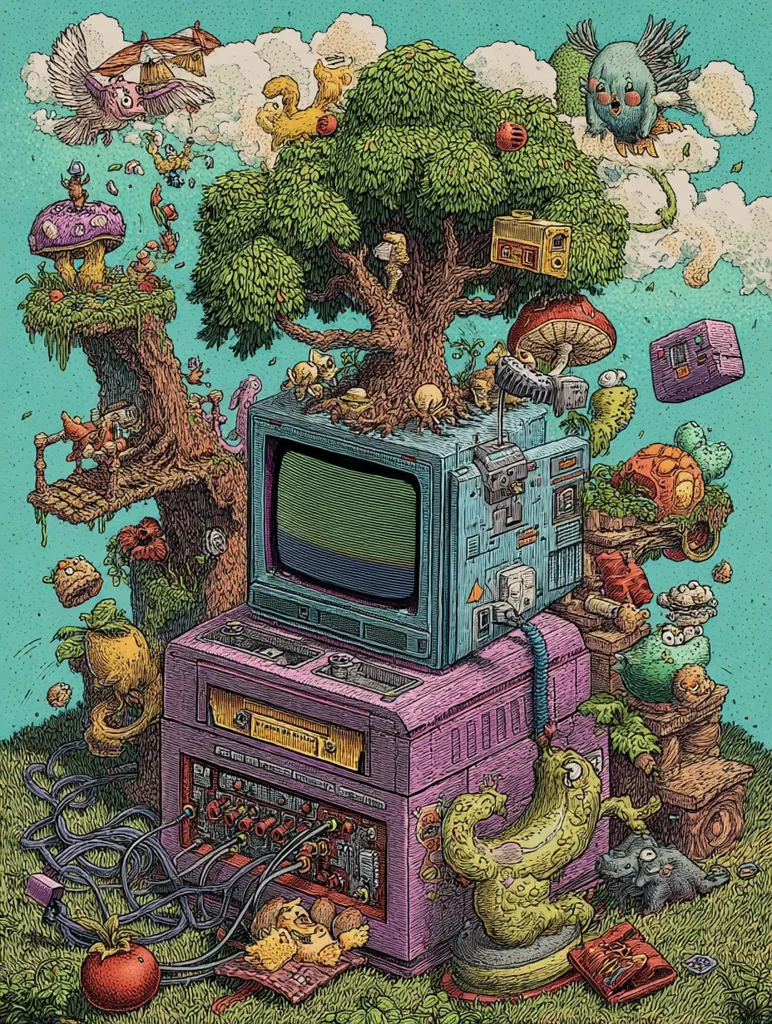 A whimsical illustration depicts a retro video game console nestled within a vibrant, fantastical landscape.  A large tree sprouts from the top, adorned with quirky creatures and mushrooms.  Surrounding the console are various playful characters, plants, and objects, all rendered in detailed pen-and-ink style.  The overall scene is a colorful blend of nature and technology, creating a surreal and playful atmosphere.