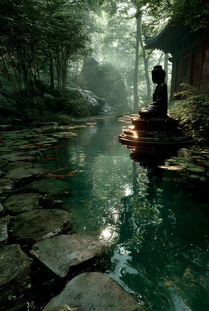 A serene, sun-dappled scene unfolds: a Buddha statue sits peacefully on a stone platform in a tranquil pond, surrounded by lush greenery and a traditional-style building.  Koi fish swim in the calm, dark green water, which reflects the surrounding trees and architecture. Stepping stones lead through the water, creating a path to the serene statue. The atmosphere is one of quiet contemplation and natural beauty.