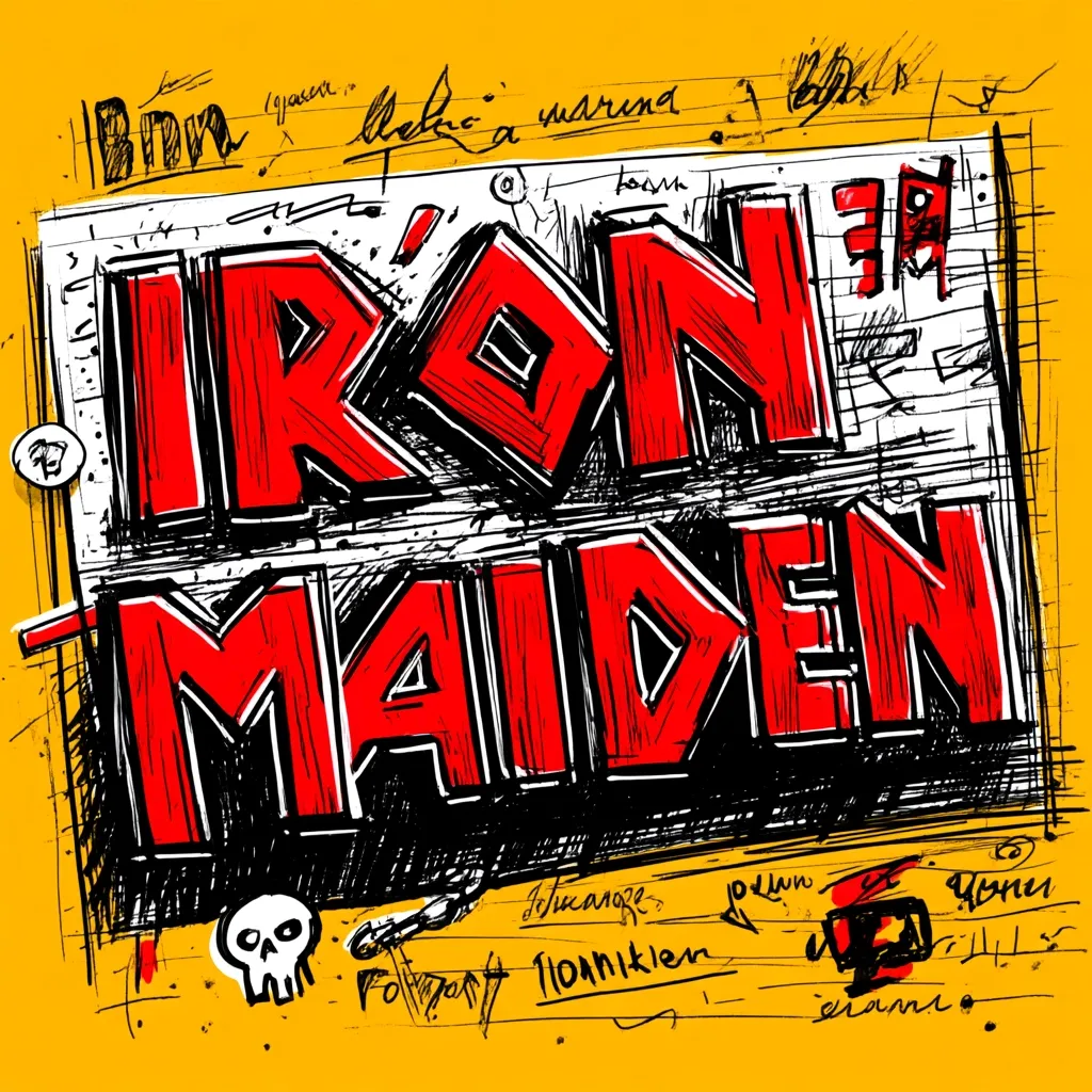 A stylized graphic design features the band name "IRON MAIDEN" in bold, red, three-dimensional lettering. The letters are outlined in black and appear to be sketched onto a yellow background filled with additional doodles, notes, and design sketches, giving the impression of a work in progress.  The overall style is raw and energetic, reminiscent of a band's album art or promotional material.