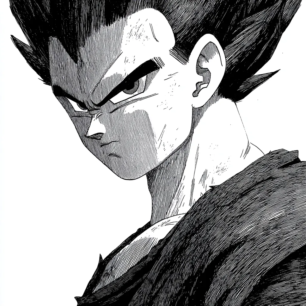 A black and white, close-up illustration of Vegeta from Dragon Ball Z.  His intense gaze and sharply defined features are emphasized by the detailed hatching style.  The image focuses on his face and upper body, showcasing his spiky hair and the texture of his gi.  The overall style is reminiscent of manga artwork, conveying a serious and powerful demeanor.