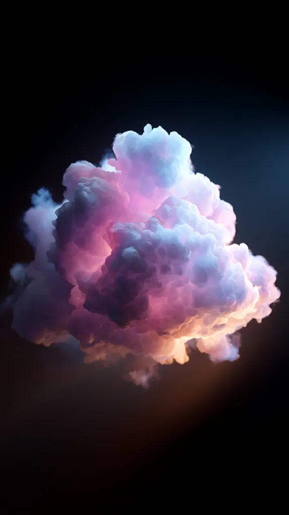 A vibrant, ethereal cloud formation dominates a dark backdrop.  Illuminated from within, the cloud displays a spectrum of pastel colors, primarily blues, pinks, and purples, creating a surreal and dreamy atmosphere.  The texture is soft and fluffy, with varying densities throughout the cloud's mass, suggesting depth and movement. The overall effect is one of otherworldly beauty and captivating visual interest.