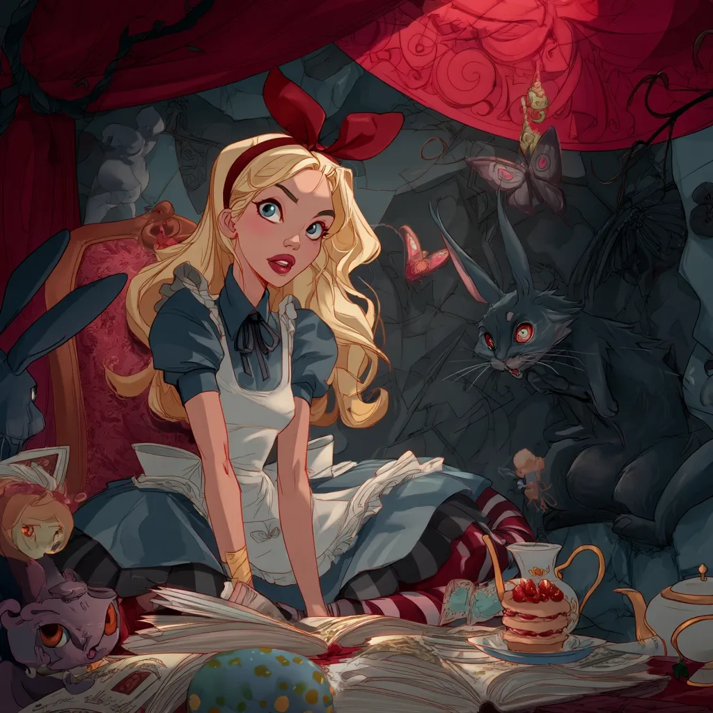 Alice, in her iconic blue and white dress, sits amidst a whimsical scene.  Long blonde hair cascades around her as she gazes at open books scattered on a table.  A menacing dark rabbit lurks nearby, adding a touch of gothic fantasy.  Butterflies flutter, and a curious assortment of creatures peek from the shadows, creating a surreal and captivating Wonderland atmosphere.  A delectable pastry sits on a plate next to a teapot, adding a touch of whimsy to the scene.
