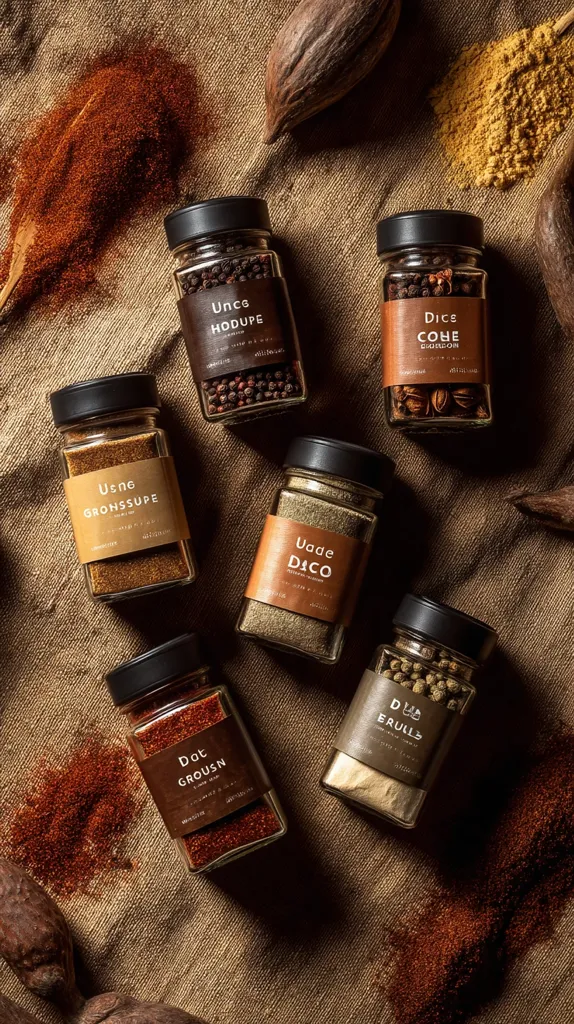 Six small glass jars filled with various spices are arranged on a brown burlap cloth.  Each jar has a minimalist brown label with the spice name in a sans-serif font.  Surrounding the jars are piles of loose spices, including a vibrant red powder and a light beige powder.  Cocoa pods are also scattered on the cloth, adding to the rustic aesthetic. The overall image suggests a collection of high-quality, artisanal spices.
