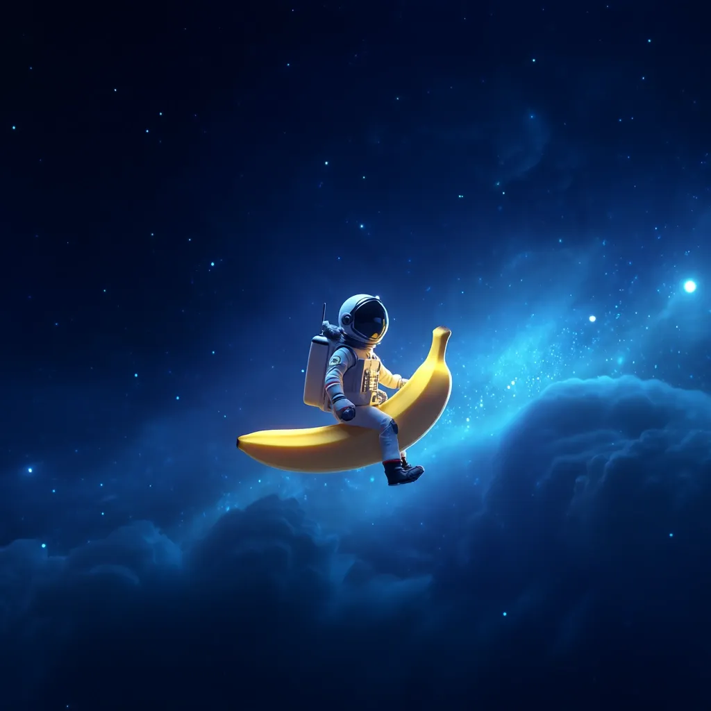 A whimsical illustration depicts an astronaut serenely seated atop a giant banana, floating through a cosmic expanse.  The deep blue of space is dotted with stars, and soft nebula clouds drift around them. The astronaut's spacesuit is detailed, contrasting with the vibrant yellow of the banana. The scene evokes a sense of playful adventure and cosmic wonder.