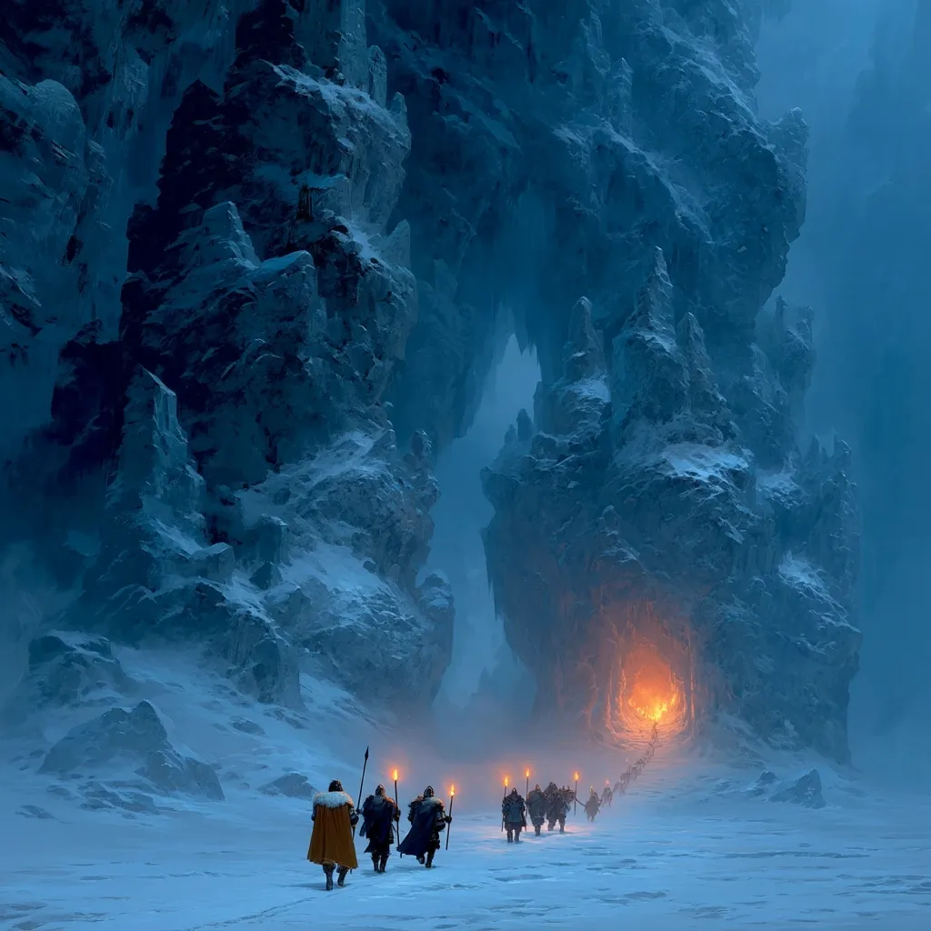 A group of figures, cloaked and carrying torches and spears, traverse a snowy, desolate landscape.  Towering icy cliffs, carved by time and weather, create a narrow passage leading to a warmly lit cave mouth in the distance.  The scene evokes a sense of journey, adventure, and the harsh beauty of a frozen wilderness. The overall atmosphere is mystical and slightly ominous.