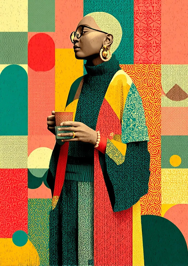 A stylized portrait of a woman with short blonde hair, glasses, and large earrings. She wears a textured, multi-colored garment with geometric patterns in shades of red, yellow, and green.  The background is a vibrant patchwork of geometric shapes and intricate designs. The woman holds a cup, exuding a calm and sophisticated demeanor. The overall style is bold and graphic, reminiscent of contemporary art.