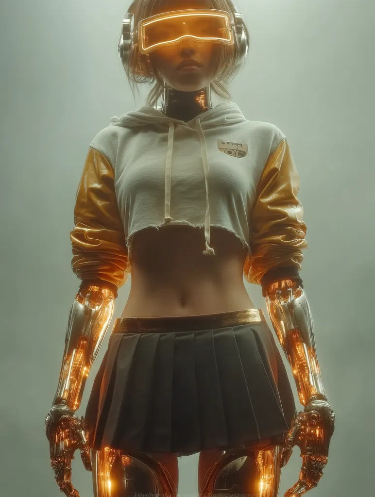A futuristic female cyborg stands confidently.  She wears a cropped, cream and mustard hoodie, a dark pleated skirt, and futuristic goggles. Her metallic arms glow with internal light, showcasing a blend of organic and robotic elements. The overall aesthetic is a blend of cyberpunk and anime styles, creating a striking and visually captivating image.