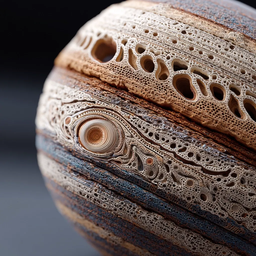 A close-up reveals an intricately detailed sphere, crafted from layered, carved paper.  The texture resembles the banded appearance of a planet, with varying shades of brown and blue.  Intricate patterns and small holes create a three-dimensional effect, showcasing the artist's precision and skill in this paper-based artwork.  The depth and complexity are captivating.