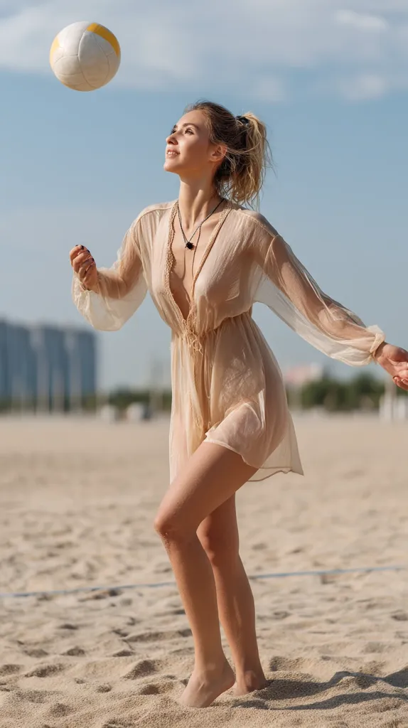 A young woman in a sheer, beige beach dress tosses a volleyball in the air on a sandy beach.  The sun shines brightly, illuminating her as she looks upward.  Her hair is pulled back in a loose ponytail. The background is blurred, showing a cityscape and ocean in the distance.  She stands barefoot in the sand.